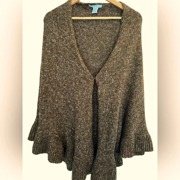 Cabi One Size Tweed Brown Ruffle Hem Shawl Sweater Poncho Cottagecore Cozy Cabin - Picture 2 of 6